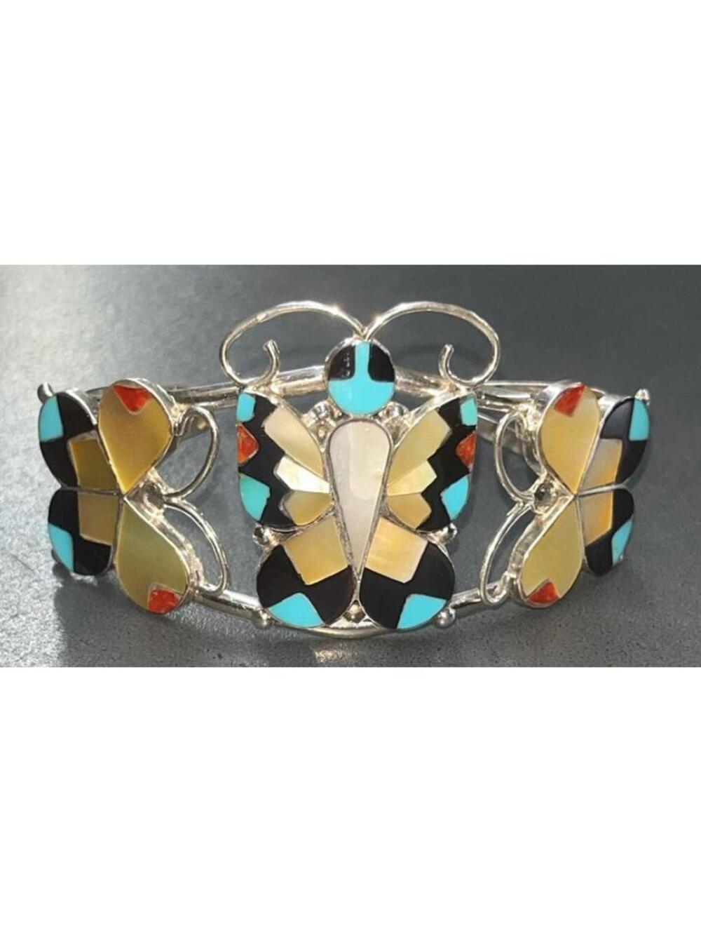 Zuni sterling silver inlay mother of pearl turquoise hummingbird statement